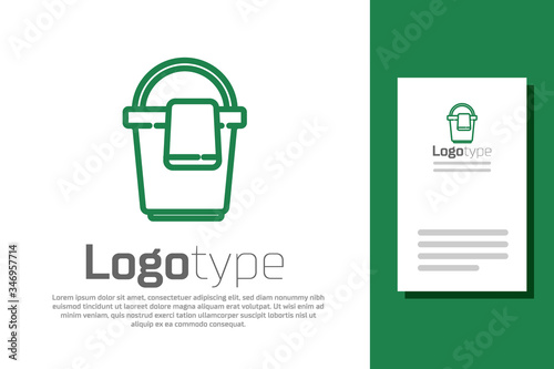 Green line Bucket with rag icon isolated on white background. Cleaning service concept. Logo design template element. Vector Illustration