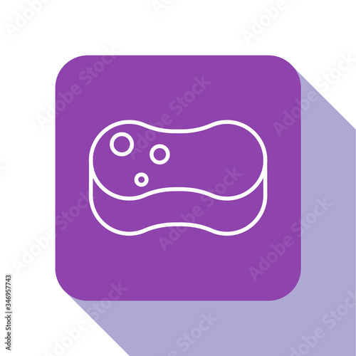 White line Sponge icon isolated on white background. Wisp of bast for washing dishes. Cleaning service concept. Purple square button. Vector Illustration