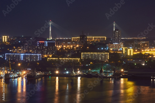 Russian bridge, Vladivostok, Russia. View of the bridge at night. © Anna