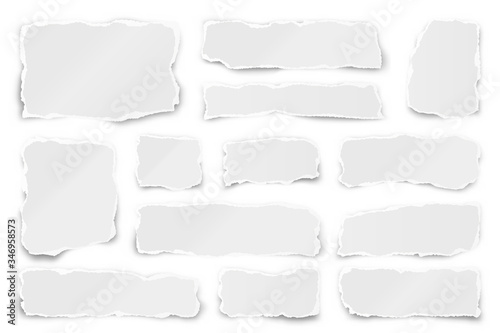 Ripped paper strips. Realistic crumpled paper scraps with torn edges. Shreds of notebook pages. Vector illustration.