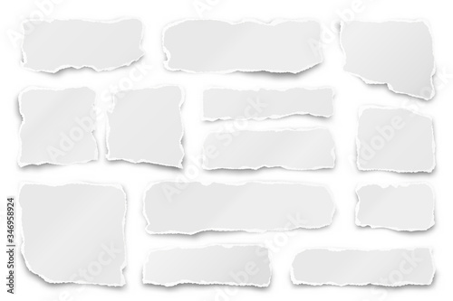 Ripped paper strips. Realistic crumpled paper scraps with torn edges. Shreds of notebook pages. Vector illustration.