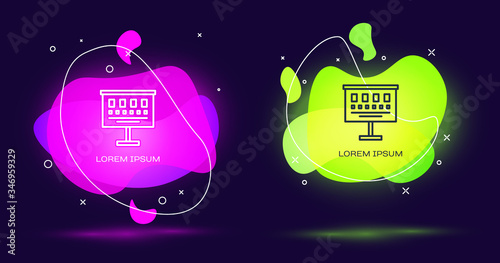Line Eye test chart icon isolated on black background. Poster for vision testing in ophthalmic study. Snellen chart. Abstract banner with liquid shapes. Vector Illustration
