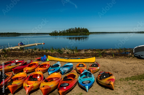 The beach front on Astoria Lake in summer time. Elk Island National Park, Alberta, Canada
