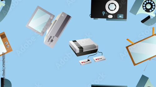 Seamless pattern of retro old hipster electronic devices technology computers cassettes tape recorders mobile phones from the 70s, 80s, 90s, 2000s on a blue background