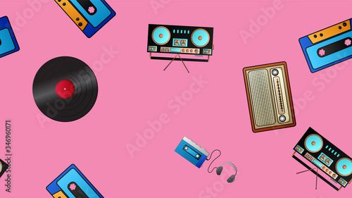 Seamless pattern of retro old hipster music audio cassette players and tape recorders vinyl records and radios from the 70s, 80s, 90s, 2000s on a pink background