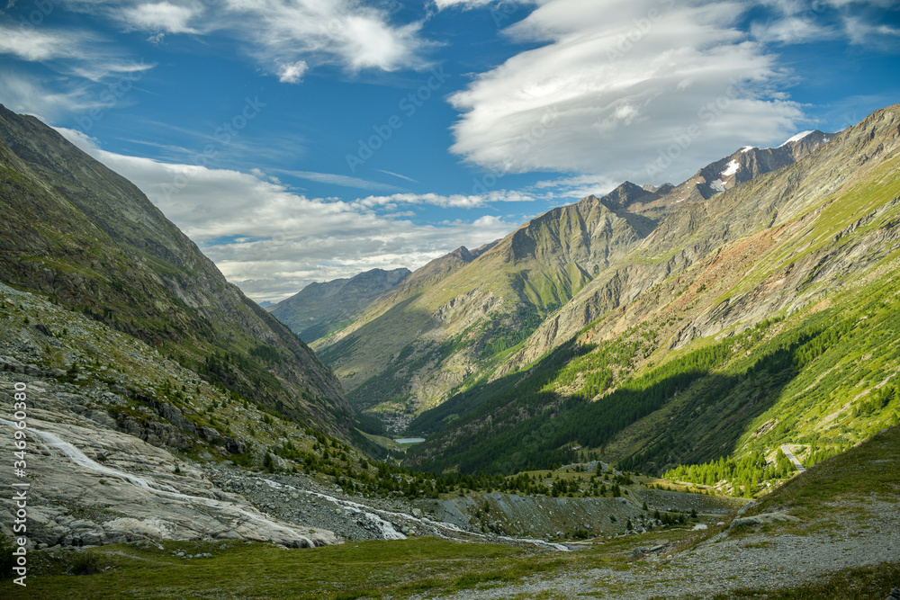 View on Saas valley surrounded by beautiful mountains as seen from Mattmark lake