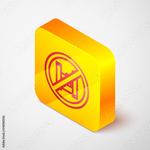 Isometric line Say no to plastic bags poster icon isolated on grey background. Disposable cellophane and polythene package prohibition sign. Yellow square button. Vector Illustration