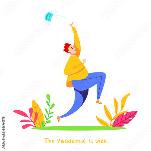 End of quarantine. Pademic is over. Joyful man runs into nature, takes off and throws away mask