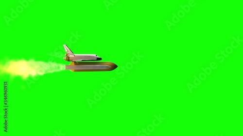 Launch of space shuttle atlantis 3D render animation isolated on green screen.