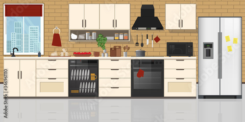 Kitchen Interior , with furniture. Flat style vector illustration.