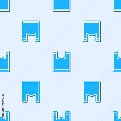 Blue line Plastic bag icon isolated seamless pattern on grey background. Disposable cellophane and polythene package prohibition sign.  Vector Illustration