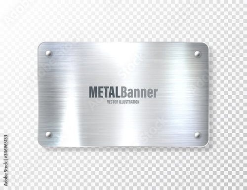 Realistic shiny metal banner. Brushed steel plate. Polished silver metal surface. Vector illustration.