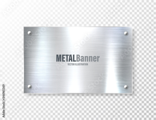 Realistic shiny metal banner. Brushed steel plate. Polished silver metal surface. Vector illustration.