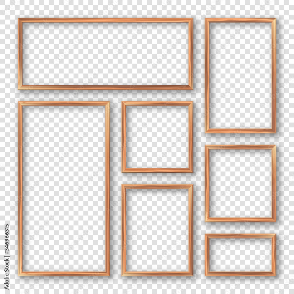 Realistic blank wooden picture frames collection. Modern poster mockup. Empty photo frame with texture of wood. Vector illustration.