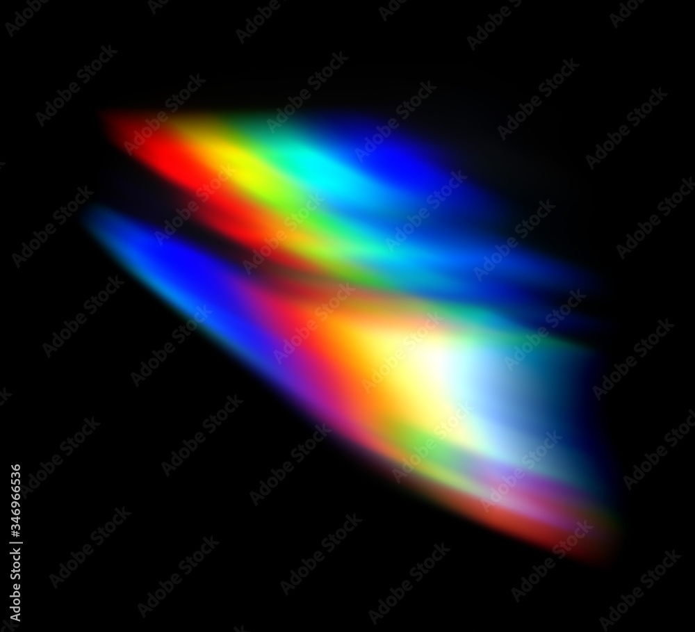abstract colorful rainbow light leak prism flare photography overlay on black background - obrazy, fototapety, plakaty 