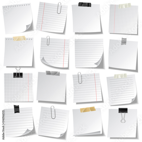 Realistic lined sticky notes with clip binder and adhesive tape. Blank note paper sheets. Information reminder. Vector illustration.