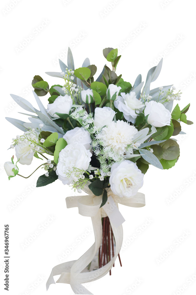 Circular bouquet of flowers For brides White, green leaf, elegant, natural look. White English roses Eucalyptus leaves. Die cut, white background. Circular bouquet of flowers For brides White, green leaf, elegant, natural look. White English roses Eucalyptus leaves. Die cut, white background.