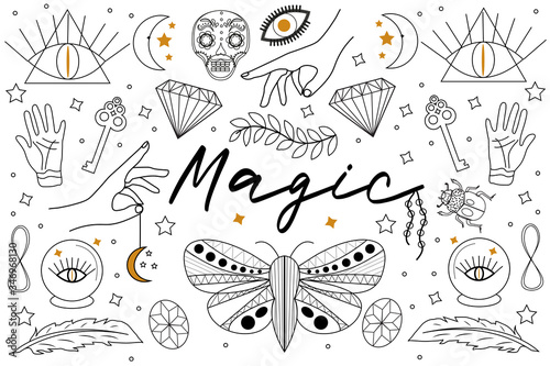 Magic Hand drawn, doodle, sketch line style set. Witchcraft symbols.Ethnic esoteric collection with hands, moon, crystals, plant, eye, palmistry and other magical elements. Vector illustration