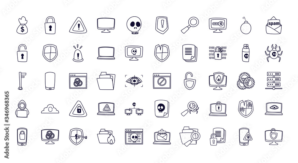 Hack information line style icon set vector design