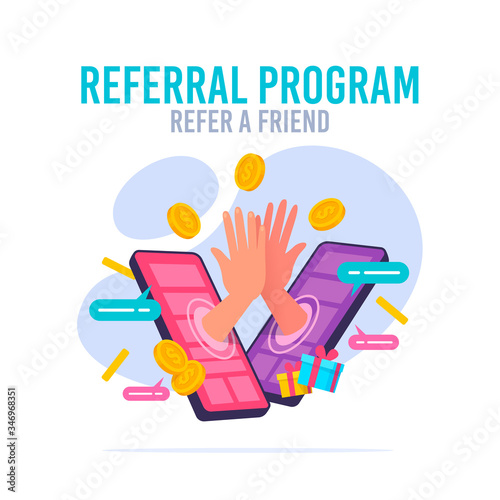 People making money from referral. Refer a friend or Referral marketing concept. Social media marketing for friends. Vector illustration photo