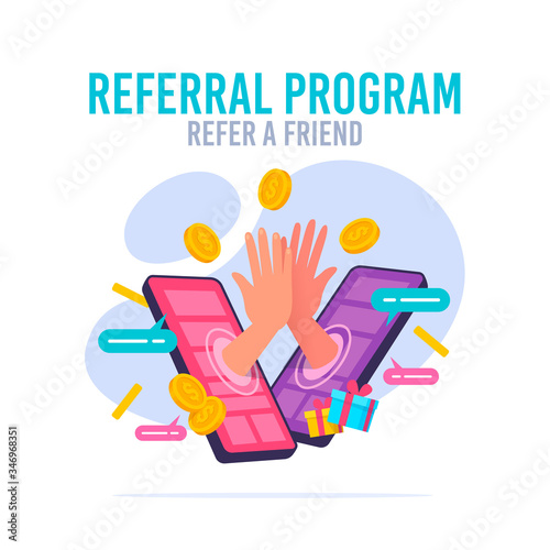 People making money from referral. Refer a friend or Referral marketing concept. Social media marketing for friends. Vector illustration