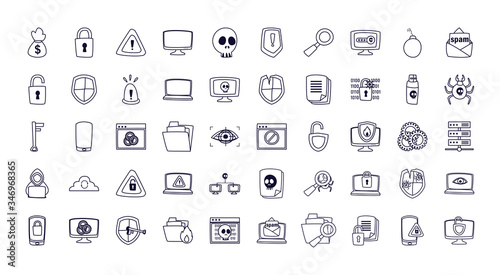 Hack information line style icon set vector design