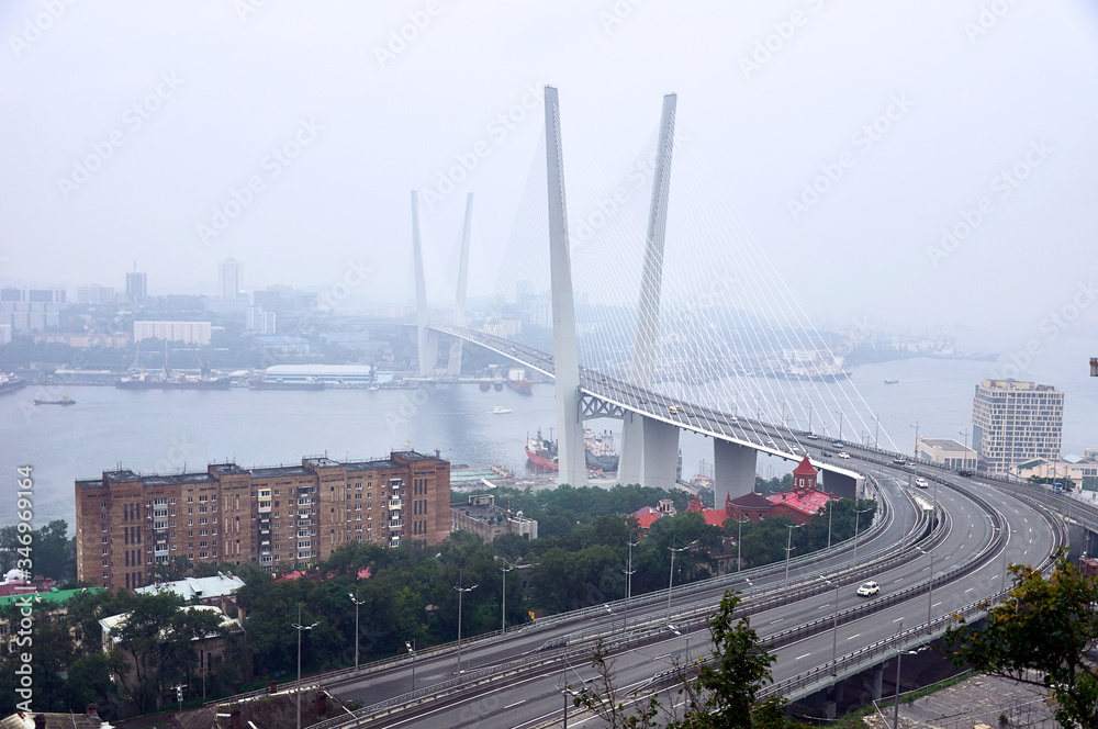 Golden bridge in Vladivostok in the afternoon. Vladivostok, Russia.