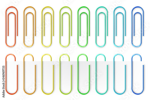 Realistic colorful metal paper clips isolated on white background. Page holder, binder. Vector illustration.