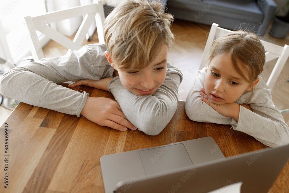 Brother and sister looking at laptop together at home Brother and sister looking at laptop together at home
