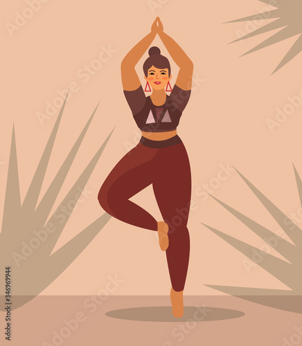 Woman practices yoga at home. Beautiful Plus Size Curvy Girl in Vrikshasana Position. Vector illustration