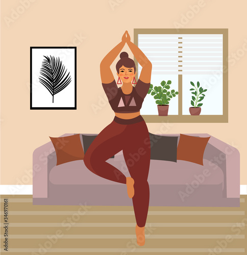 Woman practices yoga at home. Beautiful Plus Size Curvy Girl in Vrikshasana Position. Vector illustration