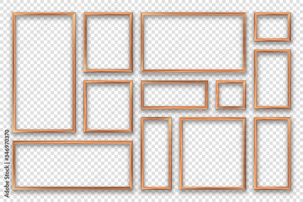 Realistic blank wooden picture frames collection. Modern poster mockup. Empty photo frame with texture of wood. Vector illustration.