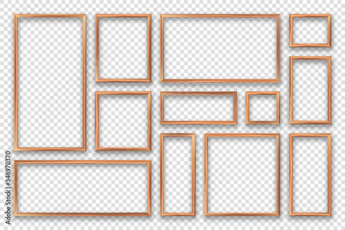 Realistic blank wooden picture frames collection. Modern poster mockup. Empty photo frame with texture of wood. Vector illustration.