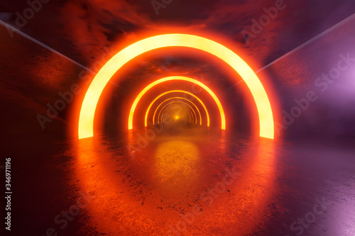 Three dimensional render of futuristic corridor illuminated by orange glowing arches