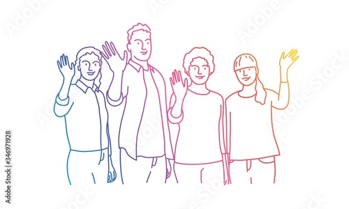 People waving hand. Rainbow colors in linear vector illustration.