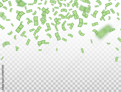 Dollar banknotes falling on transparent background. Dollars icon explosion. Money in a flat style. Cartoon cash sign. Currency collection. Paper bank notes. Jackpot, big win. Vector illustration