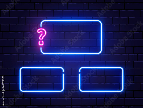 Quiz neon banner set. Glowing question mark. Color neon frames on brick wall. Realistic bright night signboard. Shining neon effect. Vector illustration