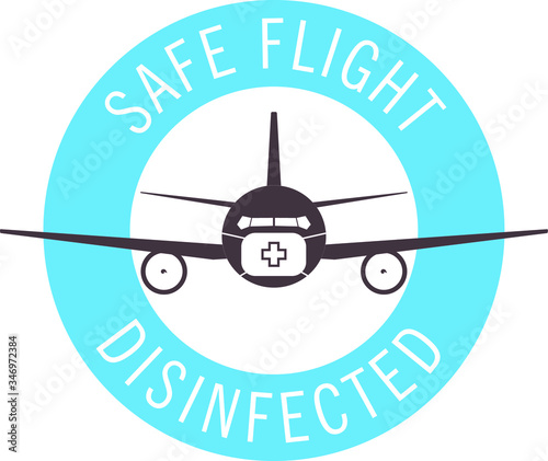 airline safe flight on disinfected aircraft protected mask on stamp icon vector blue
