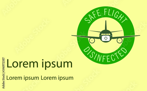 airline safe flight on disinfected aircraft protected mask on stamp icon vector green