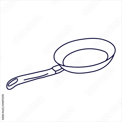 Frying pan in doodle style. Hand drawn vector illustration in black ink isolated on white background. 
