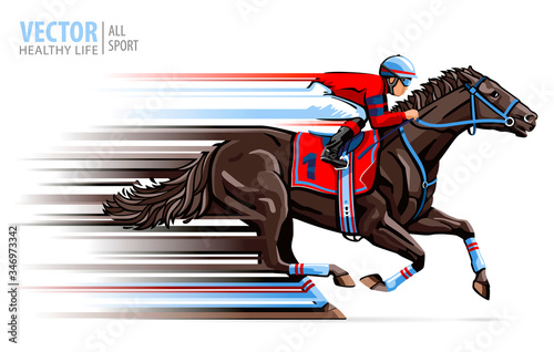 Jockey on horse race. Sport. Racehorse. Hippodrome. Racetrack. Equestrian. Derby. Speed. Isolated on white background. Vector illustration