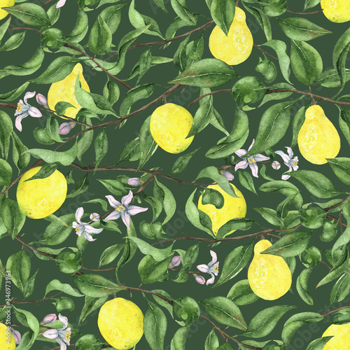Seamless pattern with watercolor lemon tree. Lemon endless pattern. Citrus background. Summer fruits background. Perfect for fabrics, textile, website design, invitation, postcards, wallpaper, print.