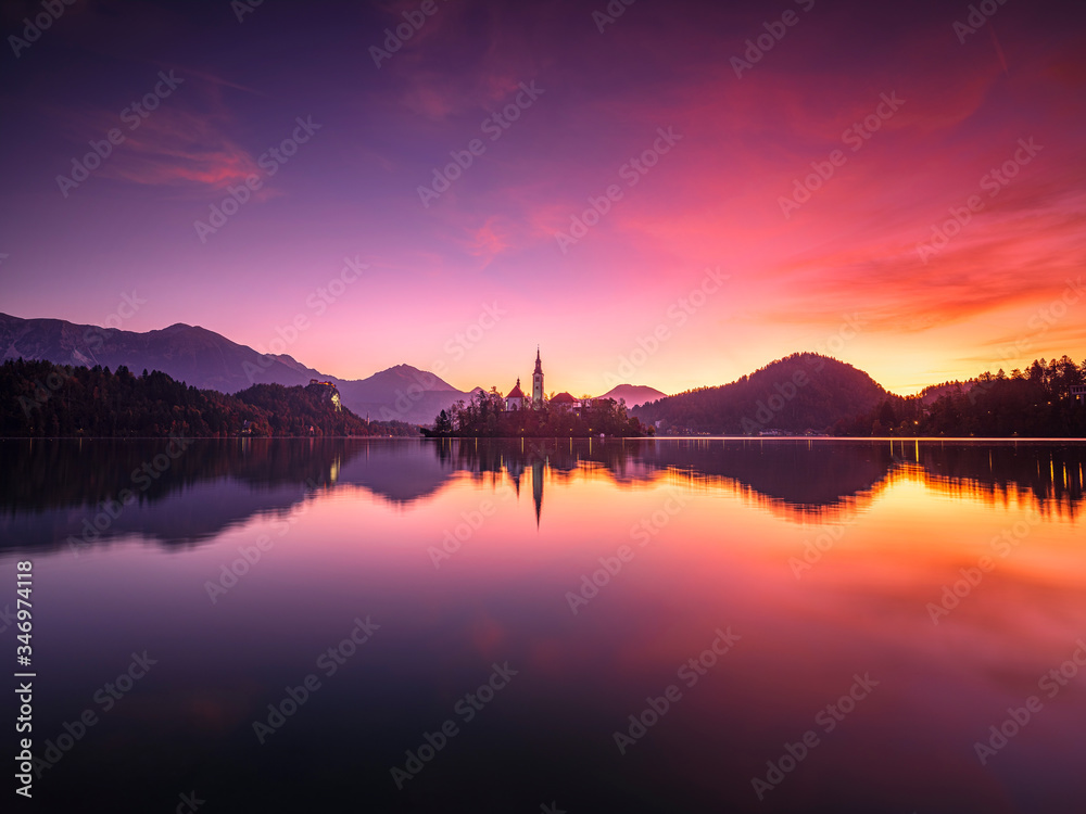 Slovenia,?Bled, Long exposure of Lake Bled at moody sunrise Slovenia,?Bled, Long exposure of Lake Bled at moody sunrise