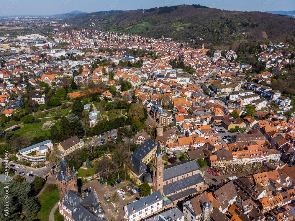 Beautiful top view on the center of Weinheim. View of the houses and castles. Orange tiled roofs of houses. The old part of town. Germany.