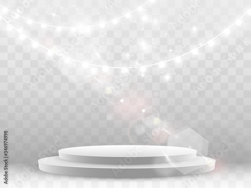 Podium . Stage for awards ceremony. Pedestal. Spotlight. Vector illustration.