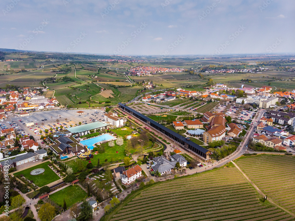 Beautiful top view on Bad Dürkheim. View of the salinarium. Park in the resort town. Germany.