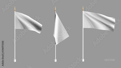 Realistic white flag waving in the wind. Set 3D advertising textile vector flags. Template for products, advertizing, web banners, leaflets, certificates and postcards. Vector illustration