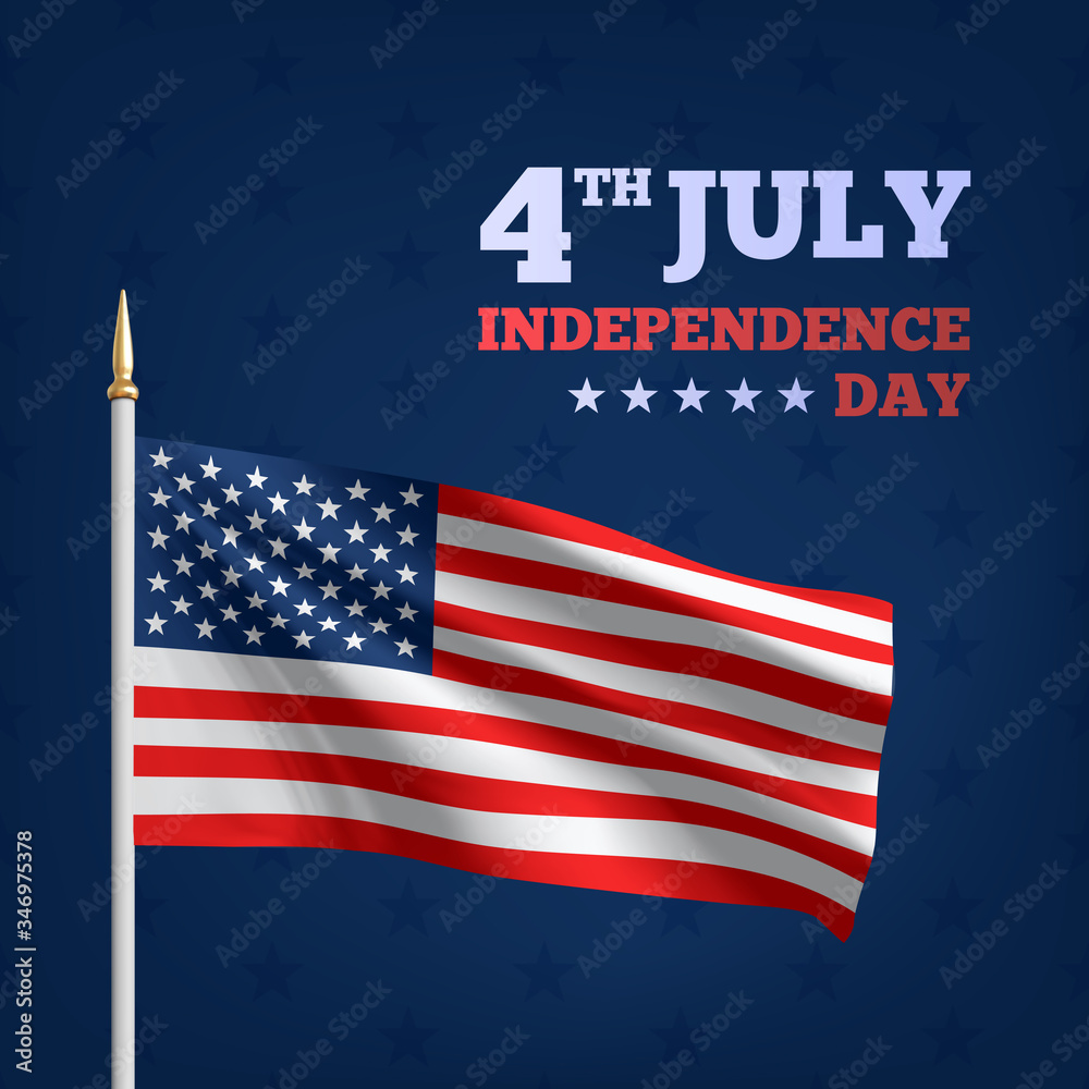 Happy 4th of July USA Independence Day. Waving flag of the america. 3D advertising textile vector flags. Fourth of July background. Vector illustration