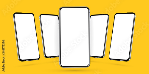 Phone realistic perspective mockup of five rotated angled smartphones. Template for web design, webpages, banners, landings, presentations on yellow background