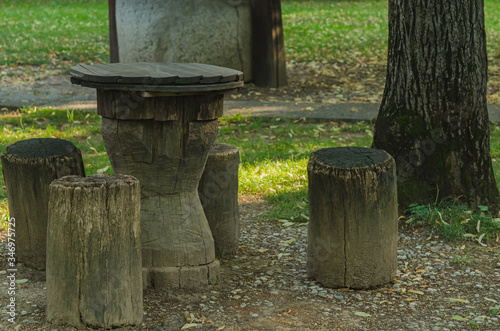 Rustic wooden table and four logs as chairs, countryside style © mina709